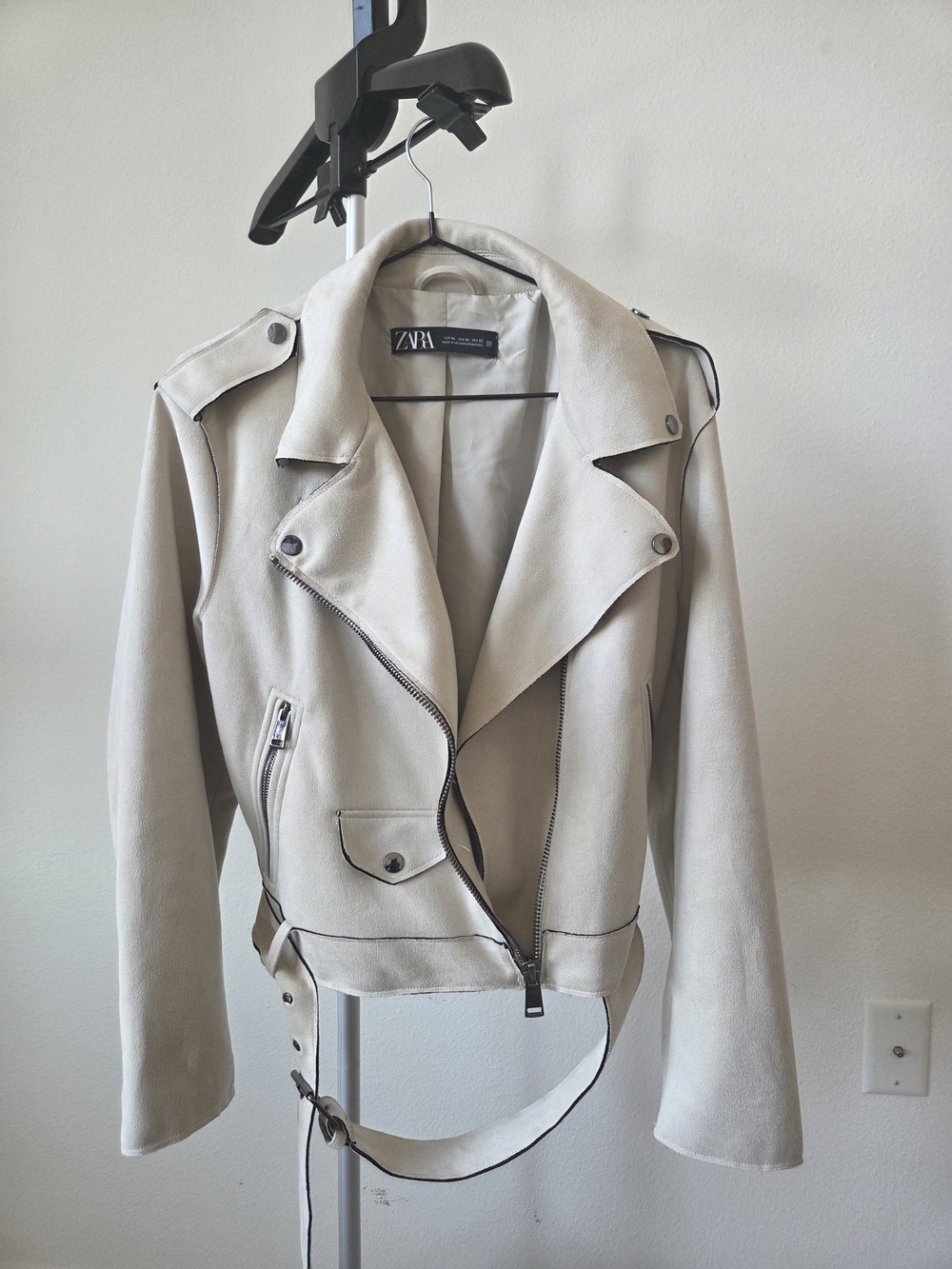 Zara Faux Suede Biker Moto Jacket Beige Cream Belted Asymmetric Zip Size XL